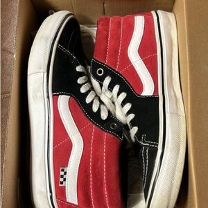 Vans Red and Black High-Top Sneakers with Jazz Stripe